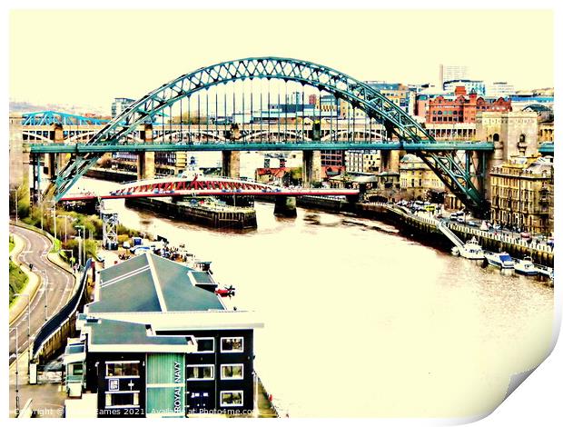 Port of Tyne Bridges and River in sort of sepia Print by Sheila Eames