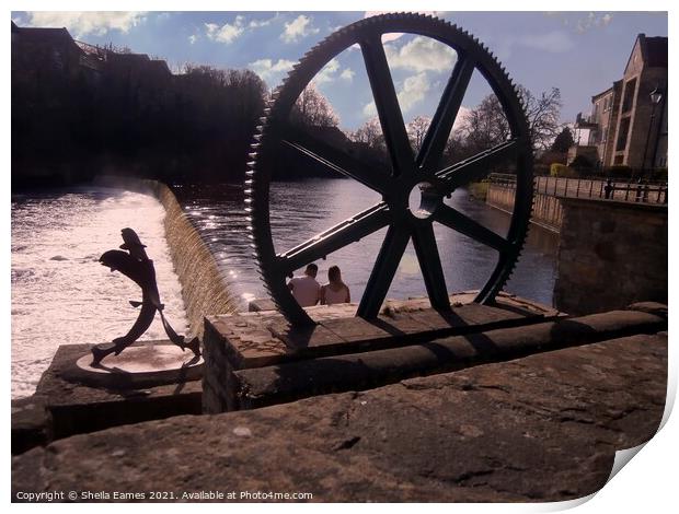 Salmon Leap and Mill Wheel by Wetherby Bridge Print by Sheila Eames