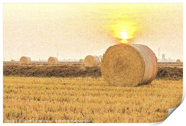 PENCIL SKETCH EFFECT on close-up of a hay cylindrical bale in a farmland Print by daniele mattioda