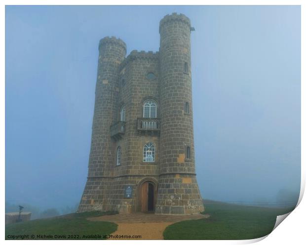 Broadway Tower, Foggy Morning Print by Michele Davis