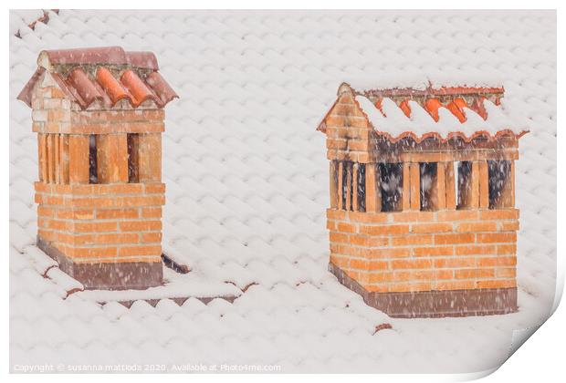 the chimneys of a house during a heavy snowfall Print by susanna mattioda
