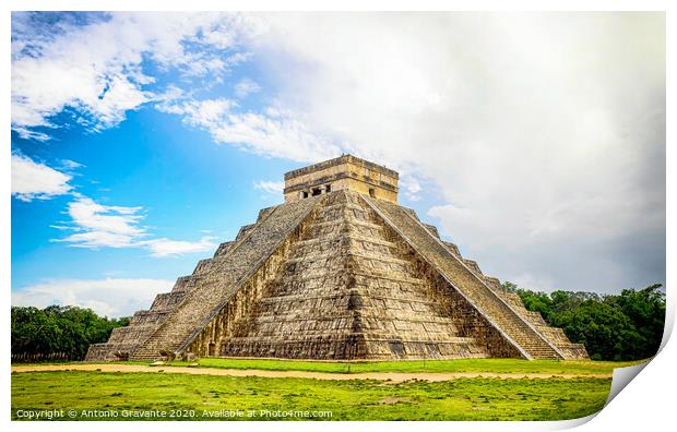 The Mayan pyramid in Chichen Itza Mexico. Print by Antonio Gravante