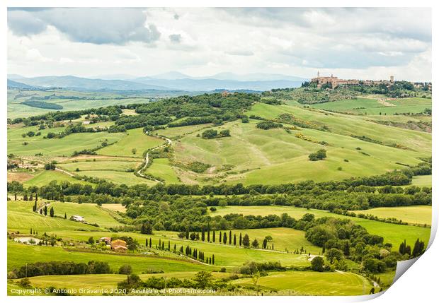 View of the town of Pienza with the typical Tuscan hills Print by Antonio Gravante
