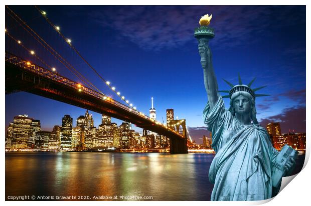 New york city skyline with Liberty Statue Print by Antonio Gravante