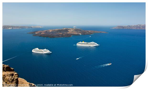 cruise ship near volcano on island of Santorini Print by Antonio Gravante