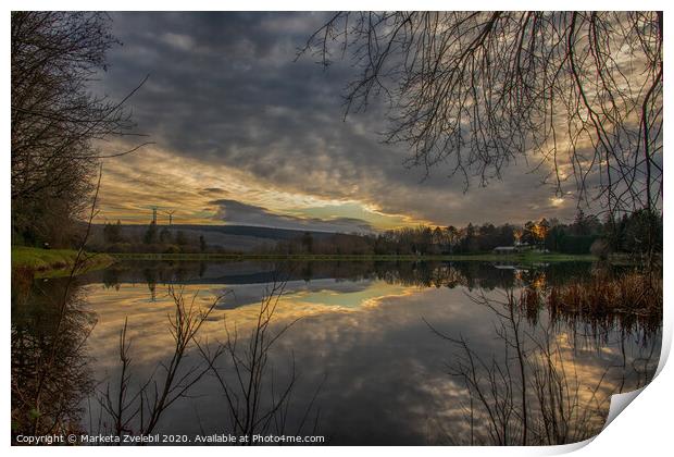 Cloud reflection in a lake with sunset Print by Marketa Zvelebil