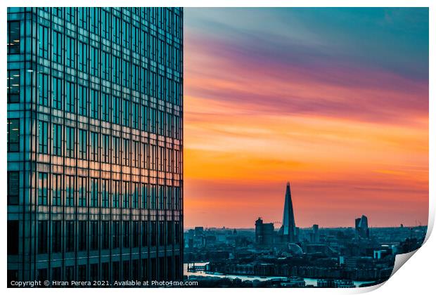 London skyline at sunset from Canary Wharf Print by Hiran Perera