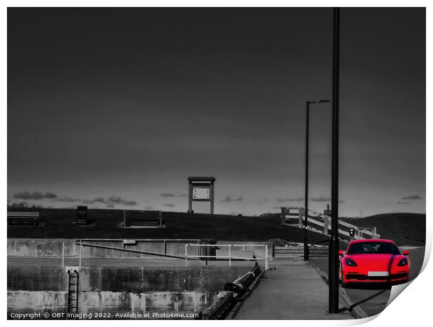 Red Porsche Car & Harbour Line Monochrome Print by OBT imaging