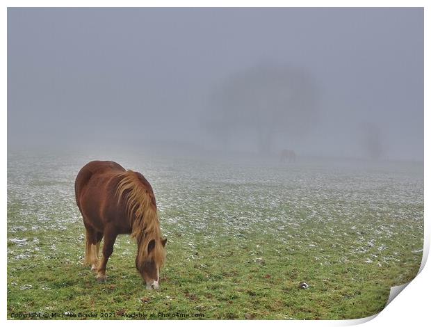 Pony grazing in the mist Print by Michelle Bowler