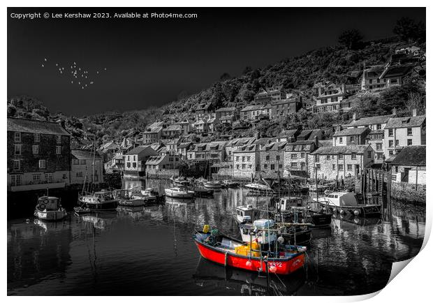 Polperro Harbour in Black and White with a dash of Colour Print by Lee Kershaw