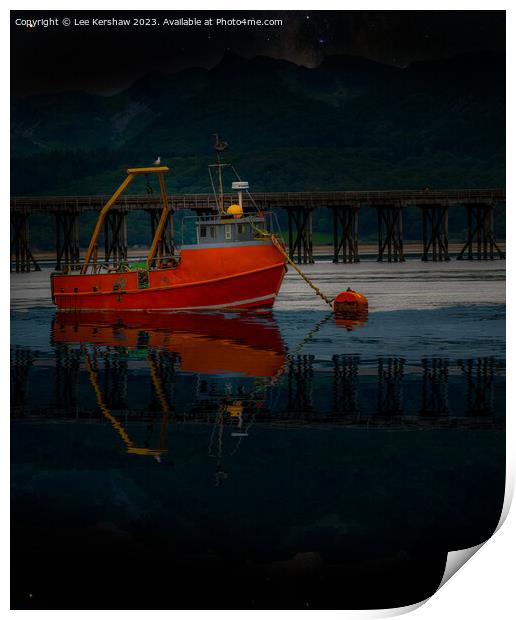 Serene Reflections: Fishing Boat on the Mawddach E Print by Lee Kershaw