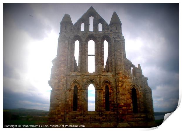 Whitby Abbey on a cloudy day Print by Fiona Williams