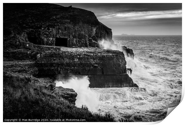Waves Crashing on Purbeck Stone Cliffs Print by Max Burridge