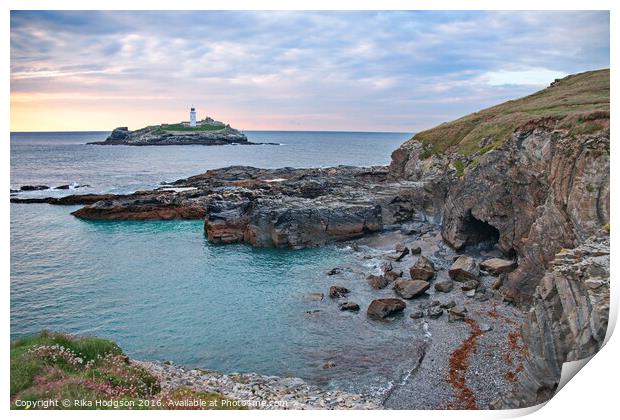 Lighthouse, at Godrevy Sunset, Hayle, Cornwall, En Print by Rika Hodgson