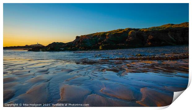 Sunset of the wet Gwithian sands, Godrevy, Hayle Cornwall, England Print by Rika Hodgson