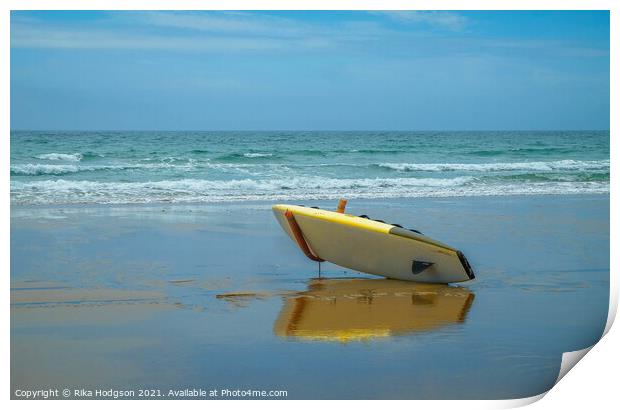 Surfboard & Reflection on Praa Sands Beach, Cornwall Print by Rika Hodgson