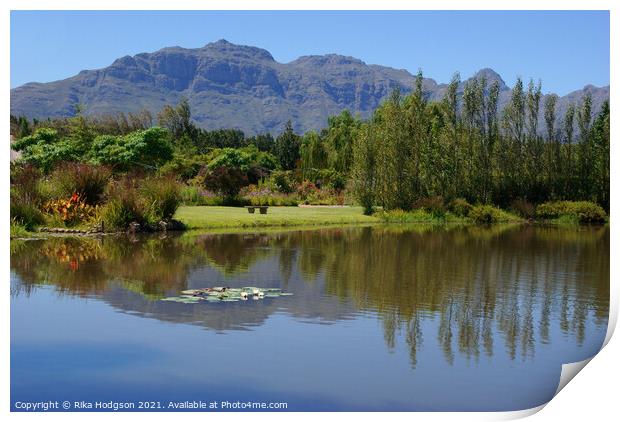 Reflection in water, Franschhoek Mountains, South Africa Print by Rika Hodgson