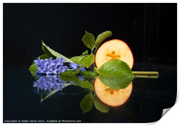 Apple and bluebells still life Print by Helen Jones