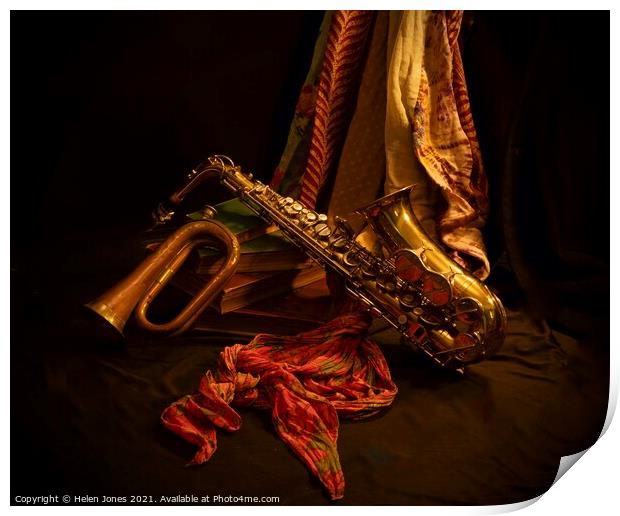 Saxophone and bugle still life Print by Helen Jones