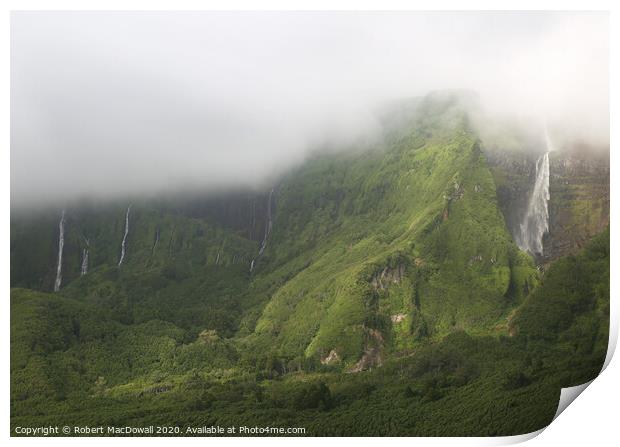 Waterfalls out of cloud above Fajazinha, Flores, Azores Print by Robert MacDowall