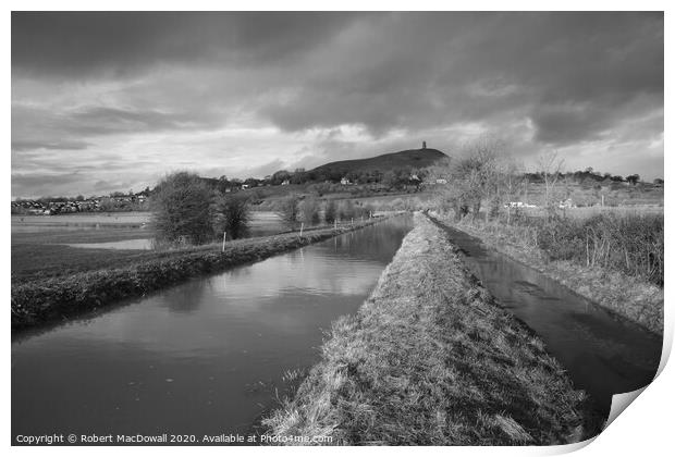The Somerset Levels and Glastonbury Tor in black and white Print by Robert MacDowall