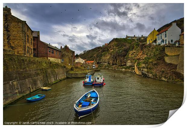 Seagulls Soar Over Stormy Staithes Print by Janet Carmichael