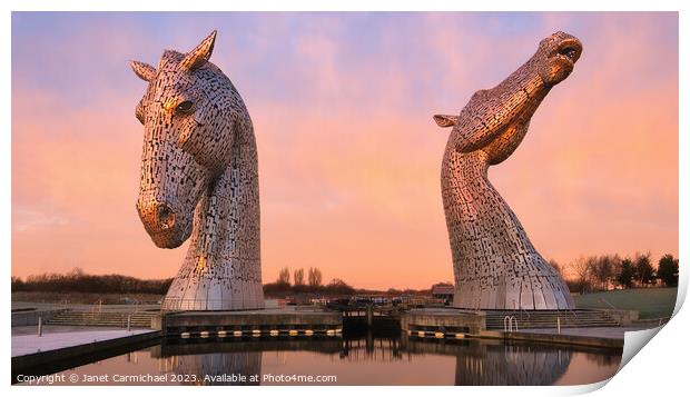First Light on The Kelpies Print by Janet Carmichael