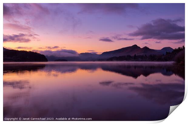 Sunset Silhouettes at Derwentwater Print by Janet Carmichael