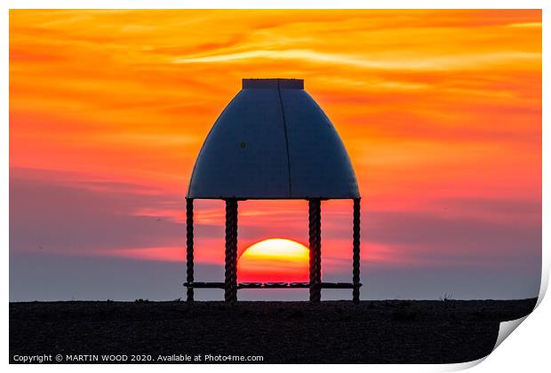 Folkestone beach shelter sunset 3 Print by MARTIN WOOD