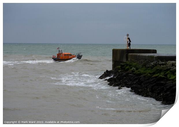 The Hastings Lifeboat heading out on a training mission. Print by Mark Ward