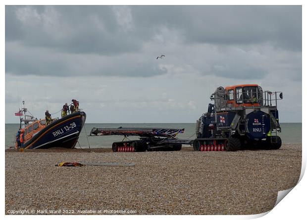 Hastings Lifeboat returing to the Station using the recovery vehicle. Print by Mark Ward