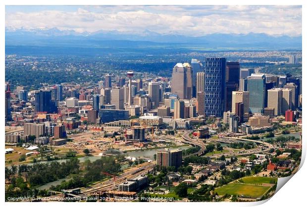 Aerial view of city of Calgary with Rocky Mountains in the background. Print by PhotOvation-Akshay Thaker