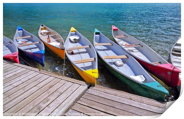 Colorful boats sitting near a wooden dock over some water Print by PhotOvation-Akshay Thaker