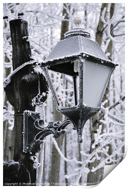 An Abstract of Lamp post with a frost and ice on a freezing winter day. Print by PhotOvation-Akshay Thaker