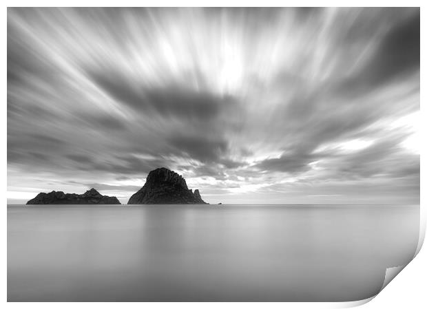 Cloudy black and white sunset in Es Vedra, Ibiza Print by Vicen Photo