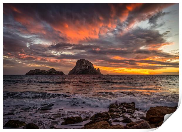 Cloudy sunset in Ibiza with Es Vedra as the protagonist Print by Vicen Photo