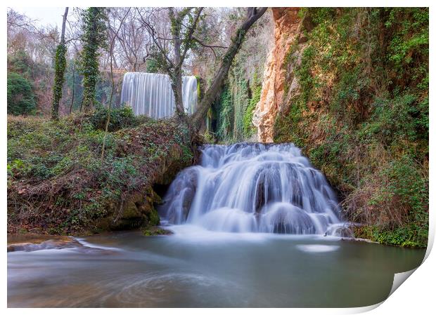 Double waterfall in long exposure at the stone monastery Print by Vicen Photo