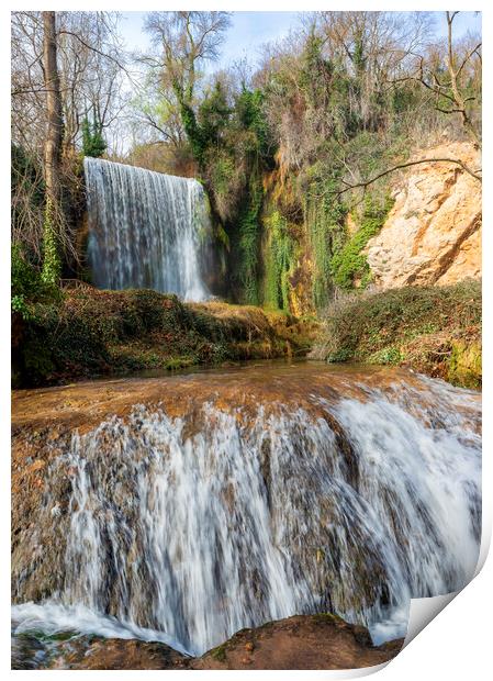 Double waterfall with the whimsical one in the background at the Monasterio de Piedra Print by Vicen Photo