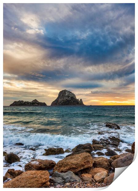 Photography with a multicolored sky at sunset with Es Vedra on the horizon Print by Vicen Photo