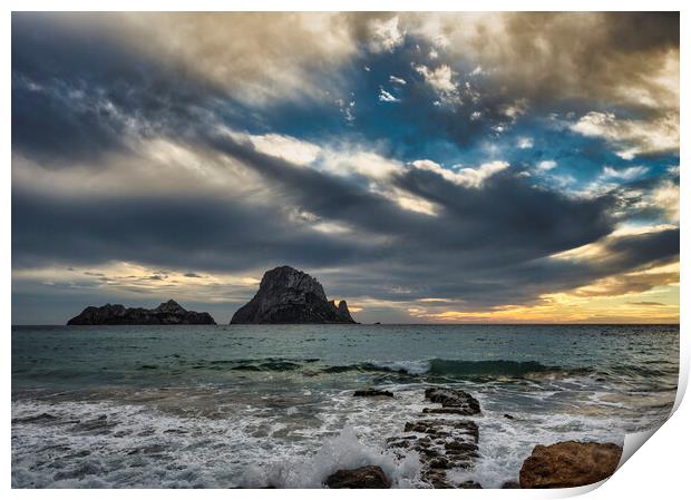 Photography with Es Vedrá from Cala D´hort during a cloudy sunset Print by Vicen Photo