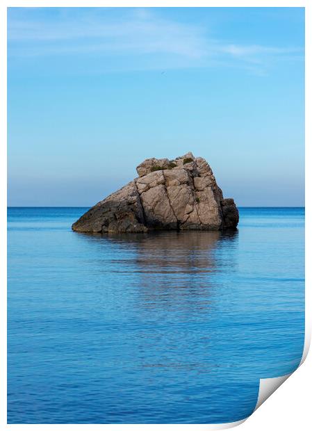 Photography with a lonely little island in Ibiza on a calm day at sea Print by Vicen Photo