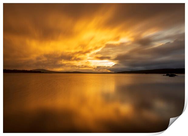 Photograph with a calm lake in Soria in a golden sunrise Print by Vicen Photo