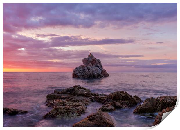 Photography with a lonely island in a violet sunrise in Lloret de Mar Print by Vicen Photo