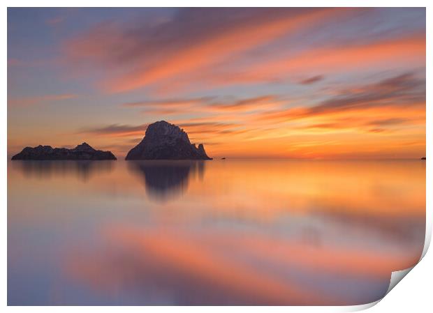 Montage of a sunset in Es Vedra and its reflection in the water Print by Vicen Photo