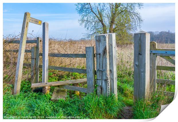 Wooden Stile in British Countryside Print by Geoff Smith