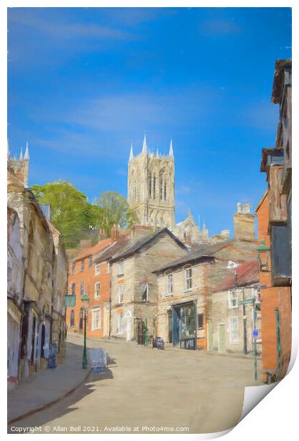 The Strait and Steep Hill Lincoln Cathedral behind Print by Allan Bell