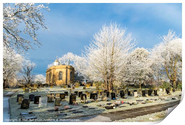Heavy frost in St Peter and St Paul churchyard Print by Allan Bell