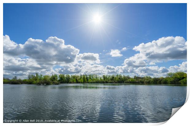 Sun Star over Trees and Lake Print by Allan Bell