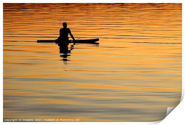 Silhouetted paddle boarder peaceful sunset Print by Imladris 