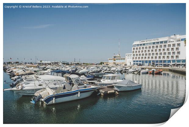 Faro harbor or marina view with EVA Senses hotel. Print by Kristof Bellens